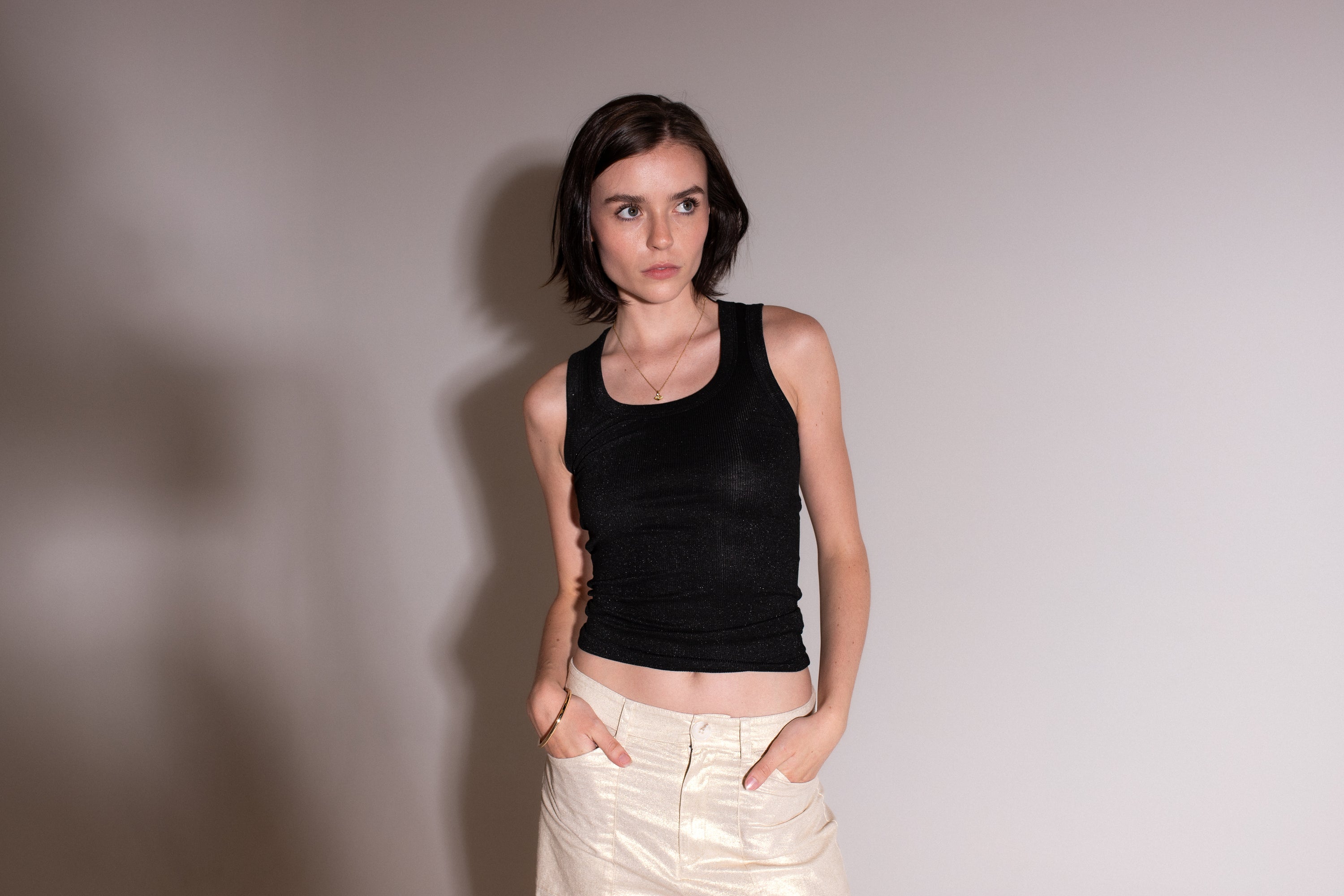 Black Metallic Scoop Neck Tank
