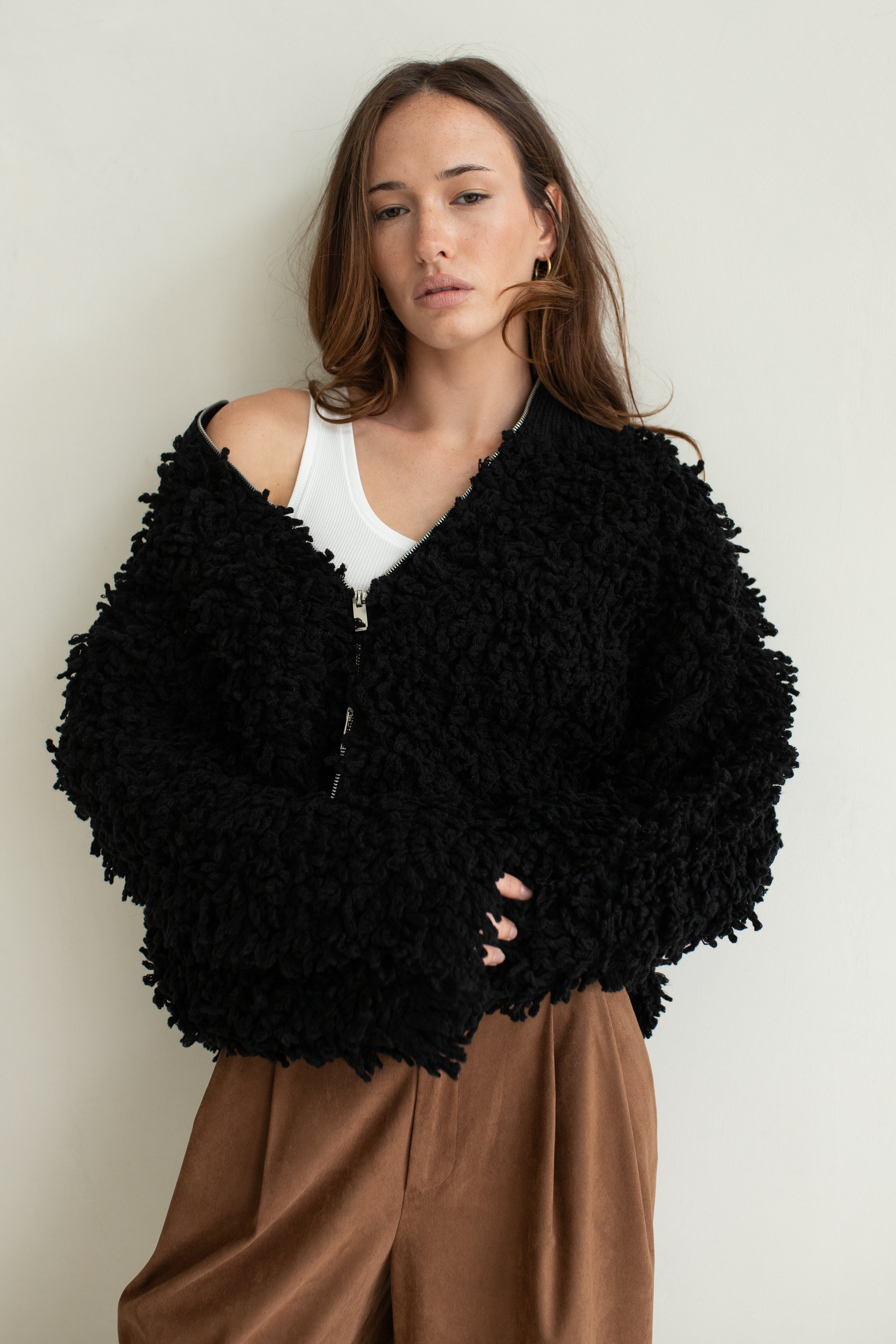 Carnaby Zip Thru  Shaggy Crop Coat Black