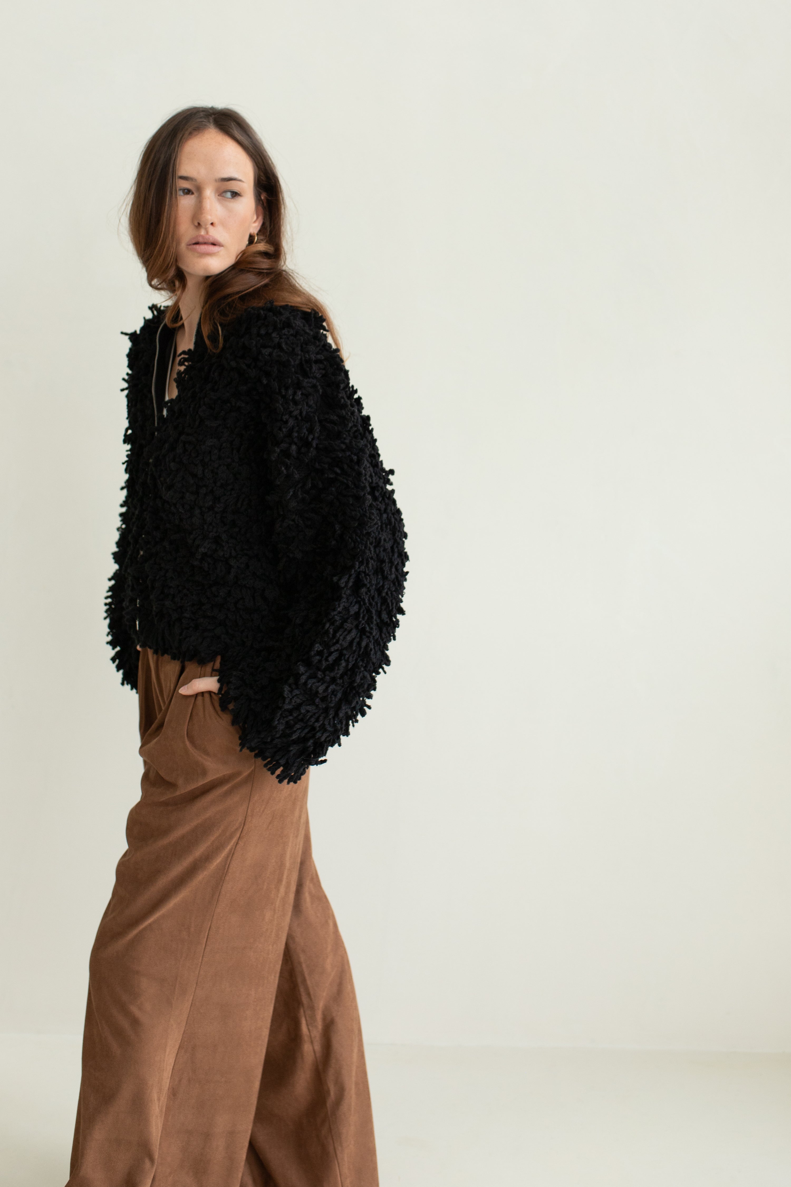 Carnaby Zip Thru  Shaggy Crop Coat Black