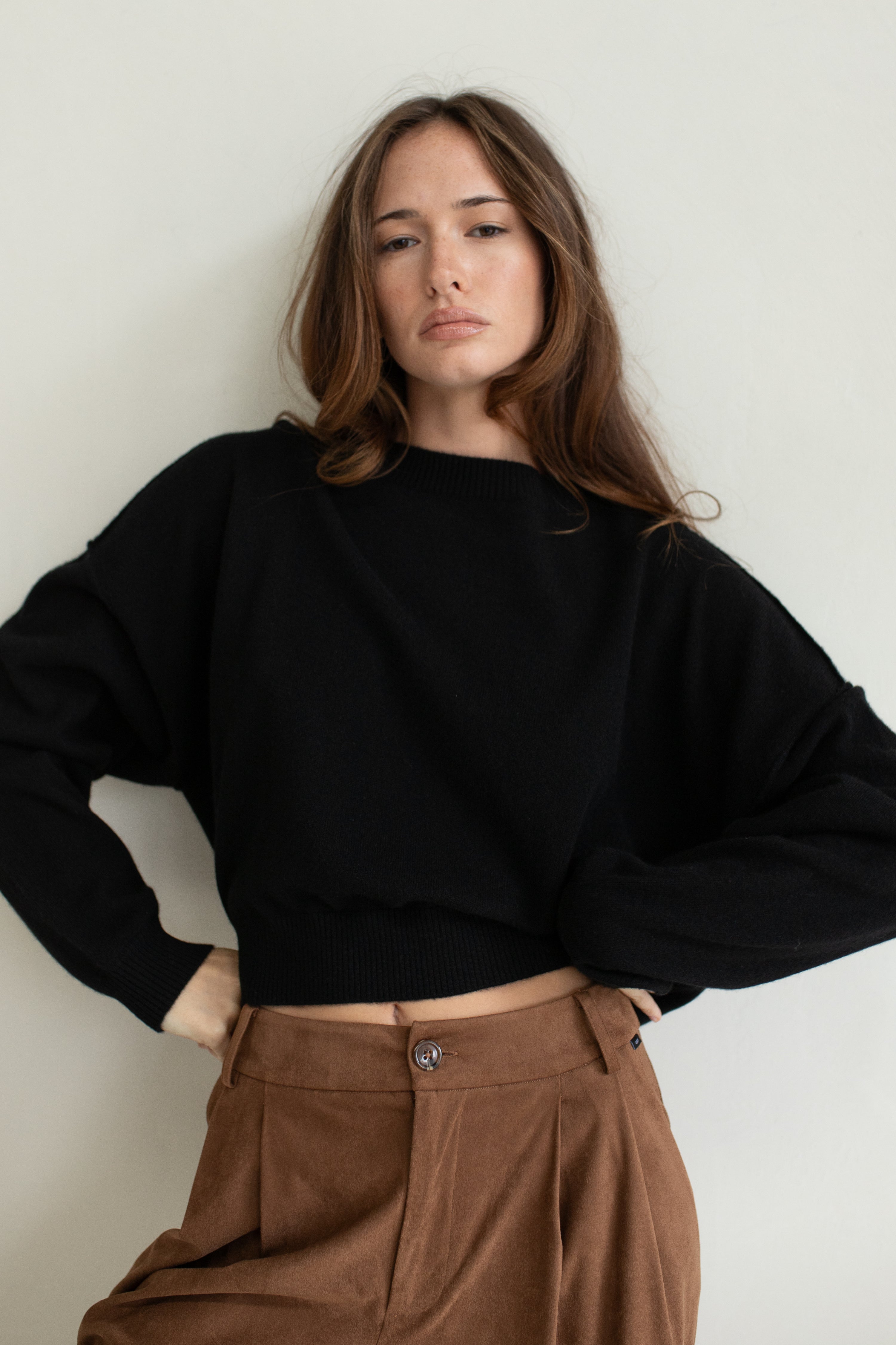 Madison Cashmere Crew Neck Drop Shoulder Black