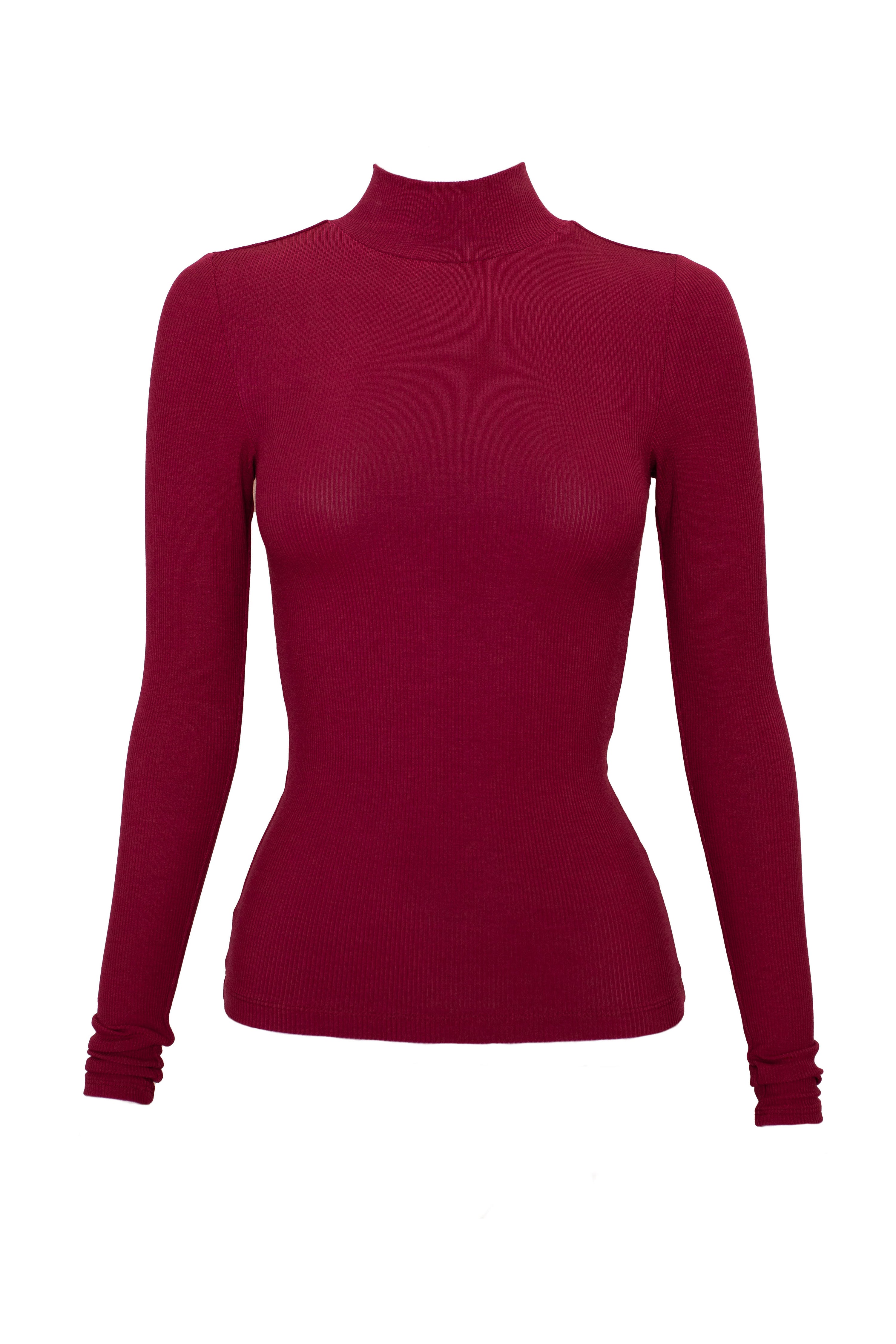 Mock Neck Long Sleeve Rib Tee Raisin