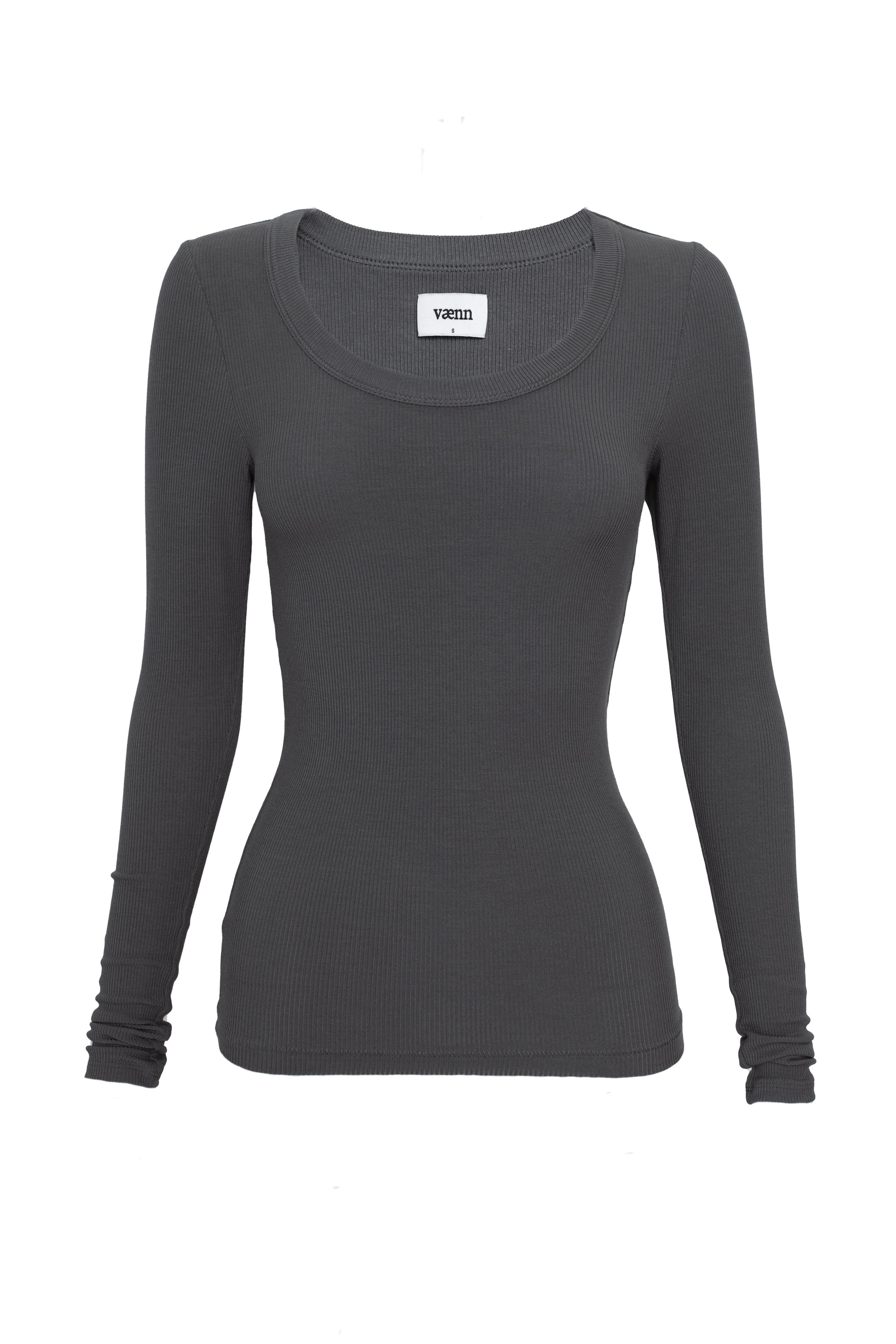 Scoop Neck Long Sleeve Rib Tee Charcoal