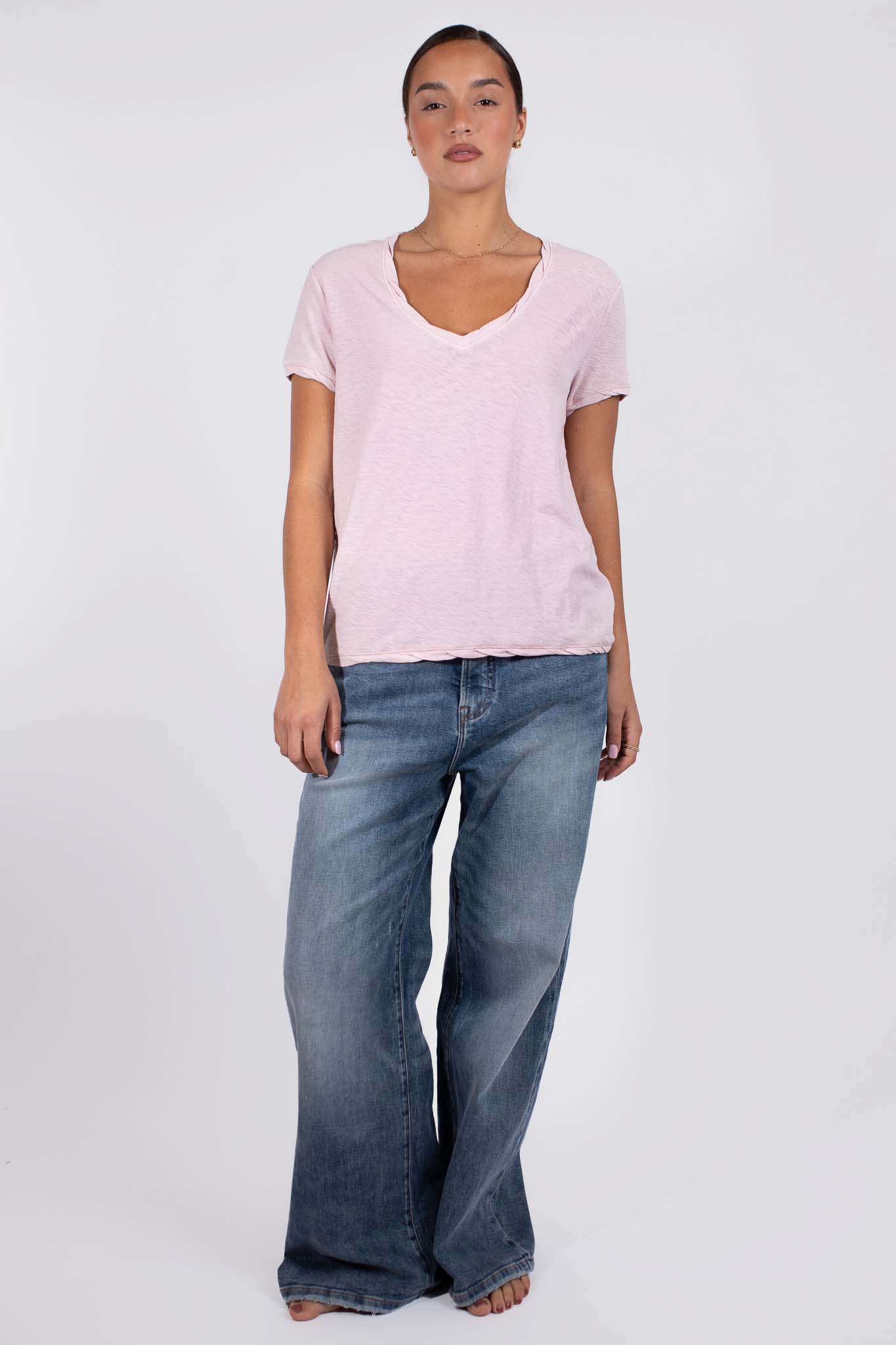 Slub Deep V Tee Chalk Pink