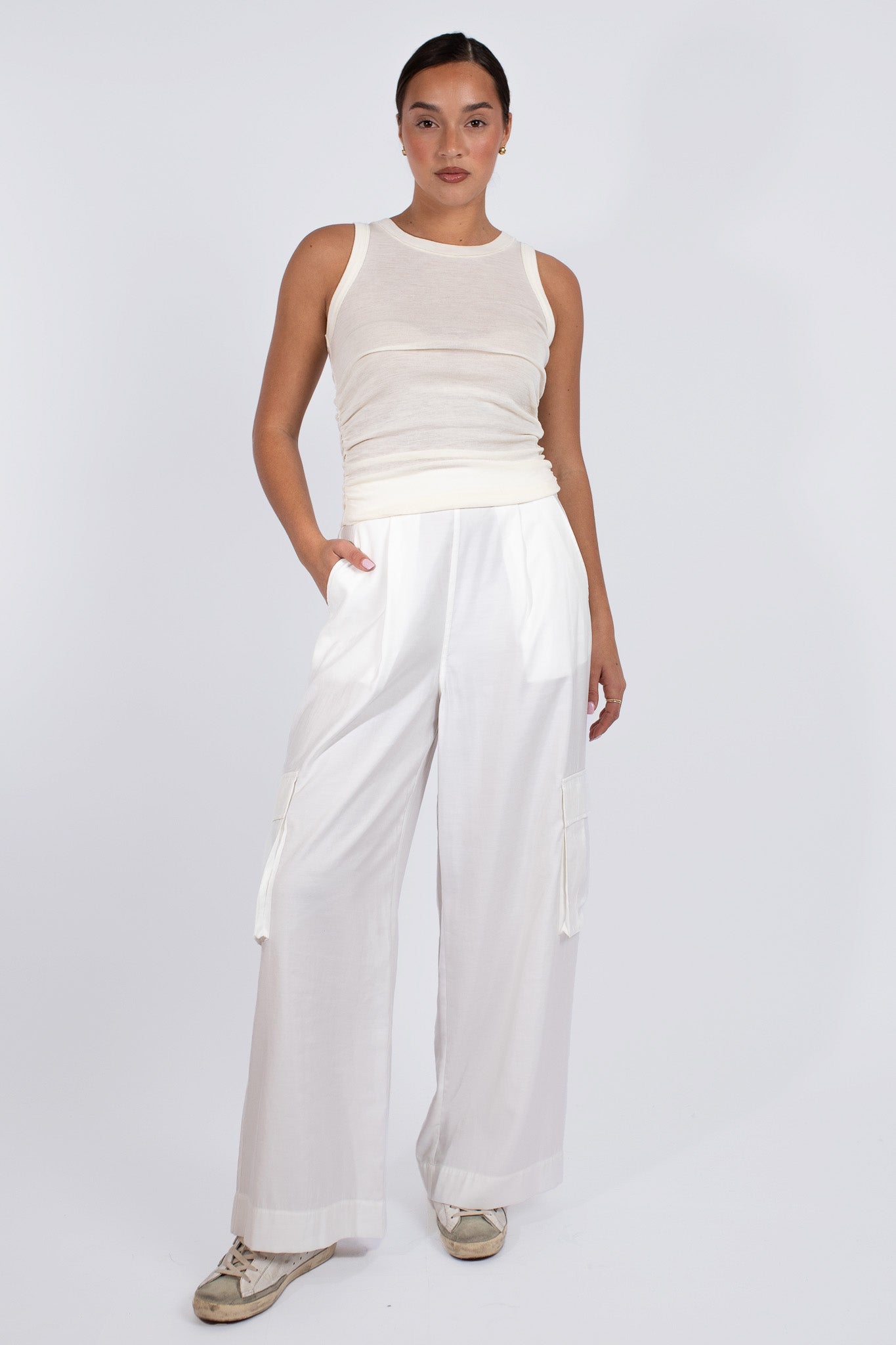 Baxter Wide Leg Pull on Cargo Pant Pearl White