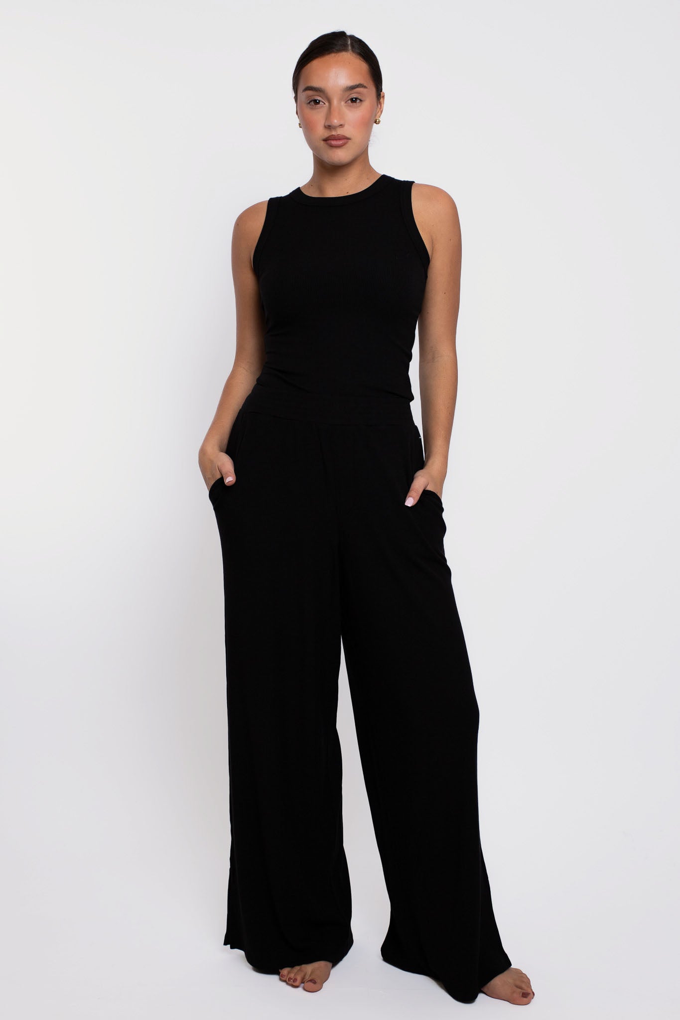 Pull on Wide Leg Rib Pant Onyx