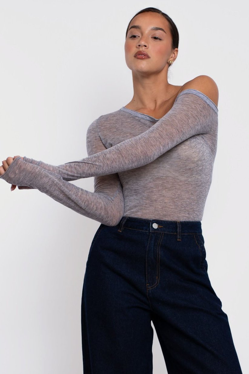 Remsen One Shoulder Sheer Knit Cloud Melange