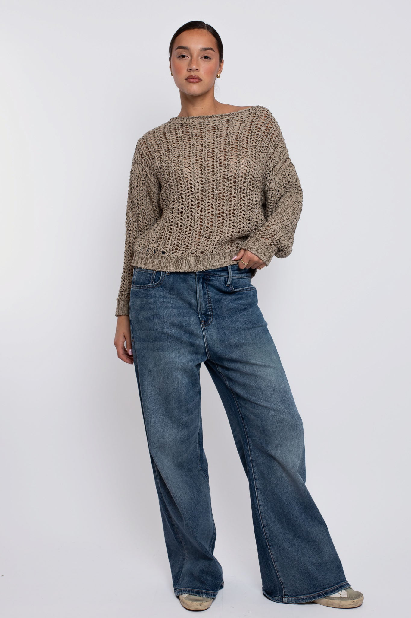 Lola Wide Neck Crotchet Sweater Iced Coffee